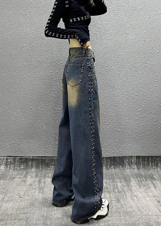 Blue Pockets Rivet High Waist Denim Wide Leg Pants Fall
