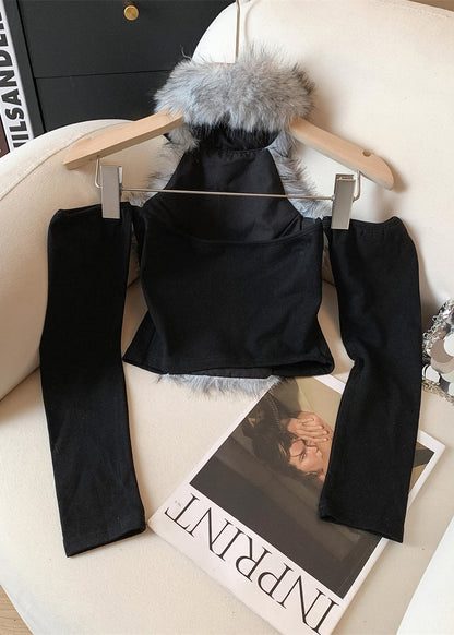 Style Blue Fur Patchwork Long Sleeved Top