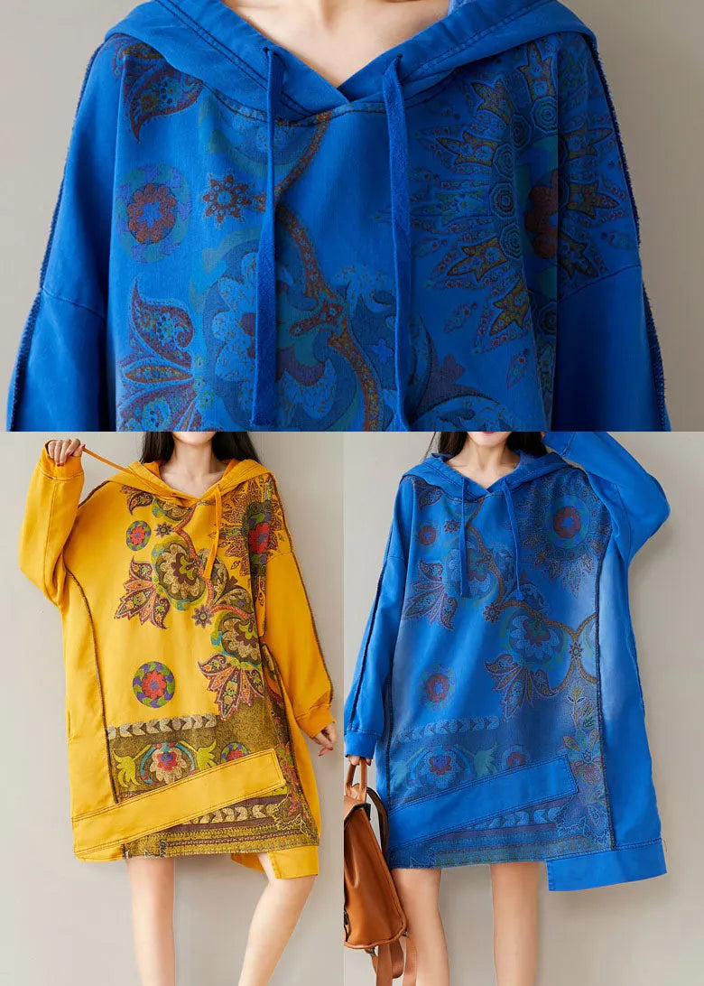 Blue Print Sweatshirts Dresses Drawstring Asymmetrical Spring