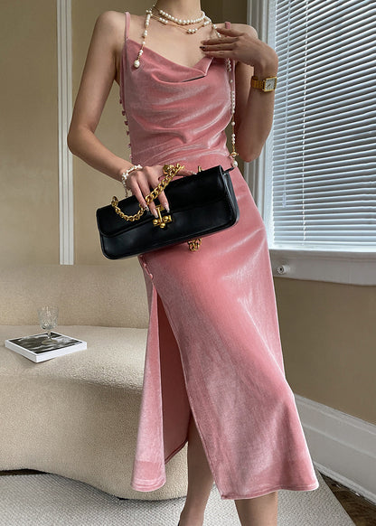 Pink Button Side Open Silk Velour Spaghetti Strap Dress Sleeveless