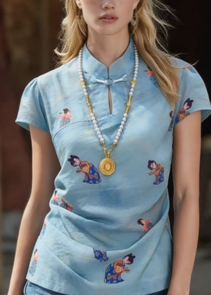 Chinese Style Blue Stand Collar Print Cotton Shirts Summer