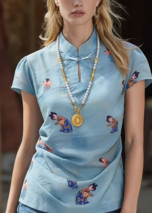 Chinese Style Blue Stand Collar Print Cotton Shirts Summer