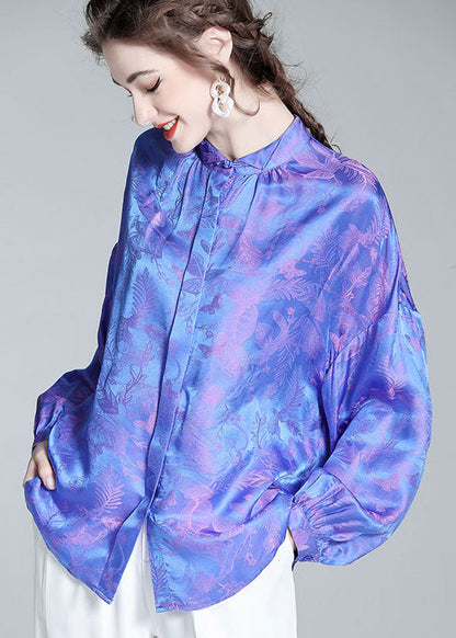 Blue Wrinkled Patchwork Jacquard Silk Shirts Spring