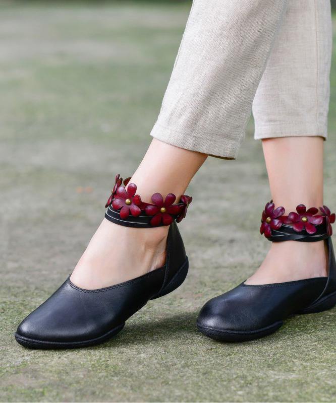 Genuine Leather Black Flat Shoes for Buckle Strap Flat Shoes for