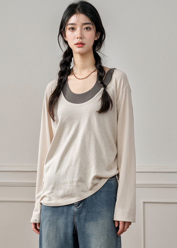 Handmade Apricot O-neck Patchwork Fake Two Pieces T Shirt Fall