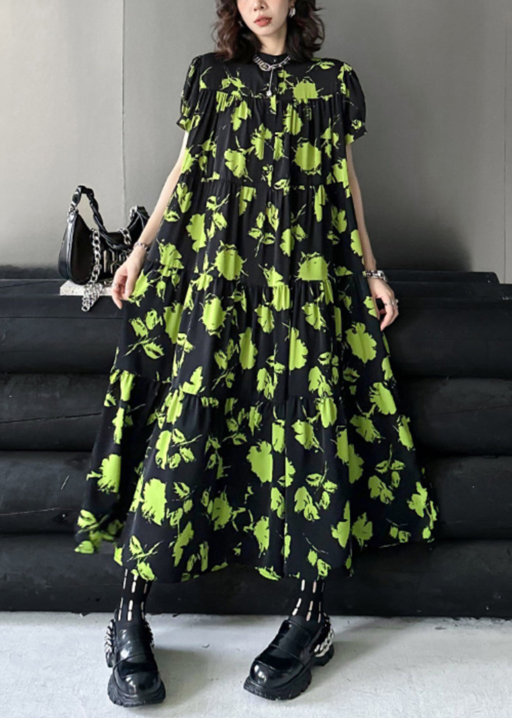 Green Print Wrinkled Patchwork Cotton Long Dresses Summer