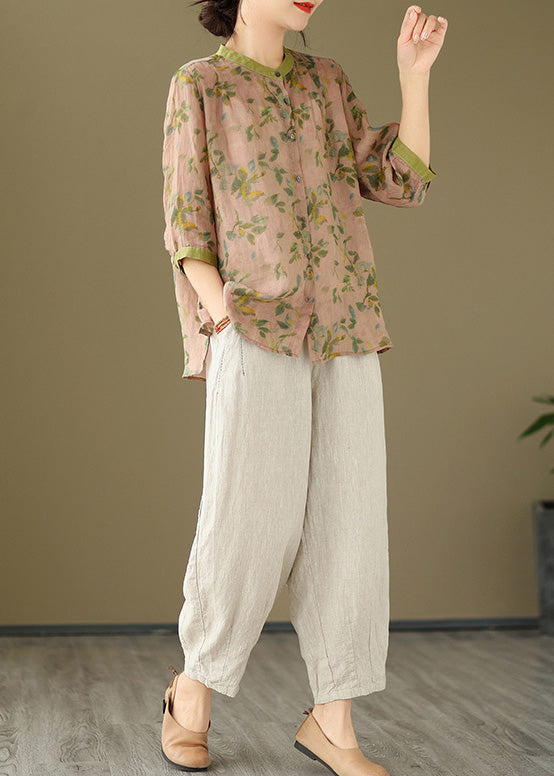 French Pink Shirts and Linen Crop Pants Cotton Two Pieces Set Spring