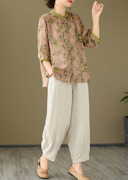 French Pink Shirts and Linen Crop Pants Cotton Two Pieces Set Spring