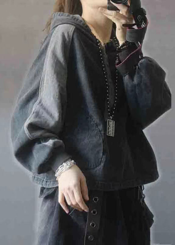 Black Hooded Patchwork Button Fall Denim Pullover Street Wear