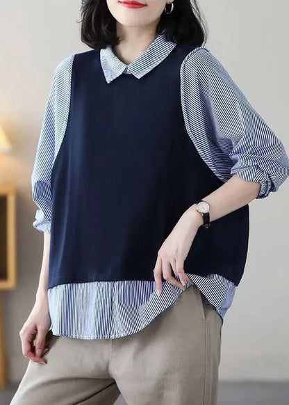 Navy Peter Pan Collar Patchwork Striped Cotton Fake Two Piece Tops Spring