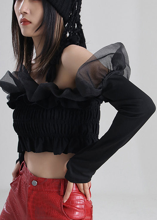 Diy Black Ruffled Tulle Wrinkled Cotton Top Long Sleeve