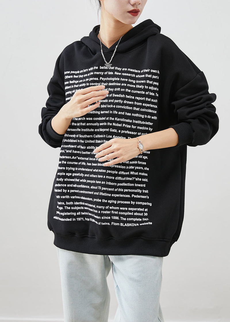 Fine Black Hooded Letter Print Cotton Sweatshirt Fall