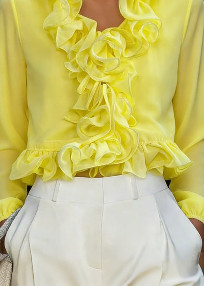 Fine Yellow Ruffled Patchwork Chiffon Top Spring