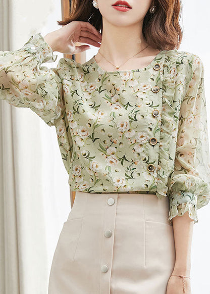 Unique Green O-neck Button Ruffled Print Chiffon Tops Spring