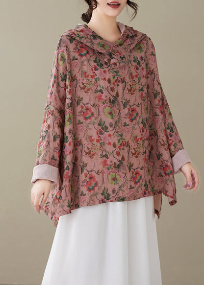 Red Hooded Print Cotton Top Spring