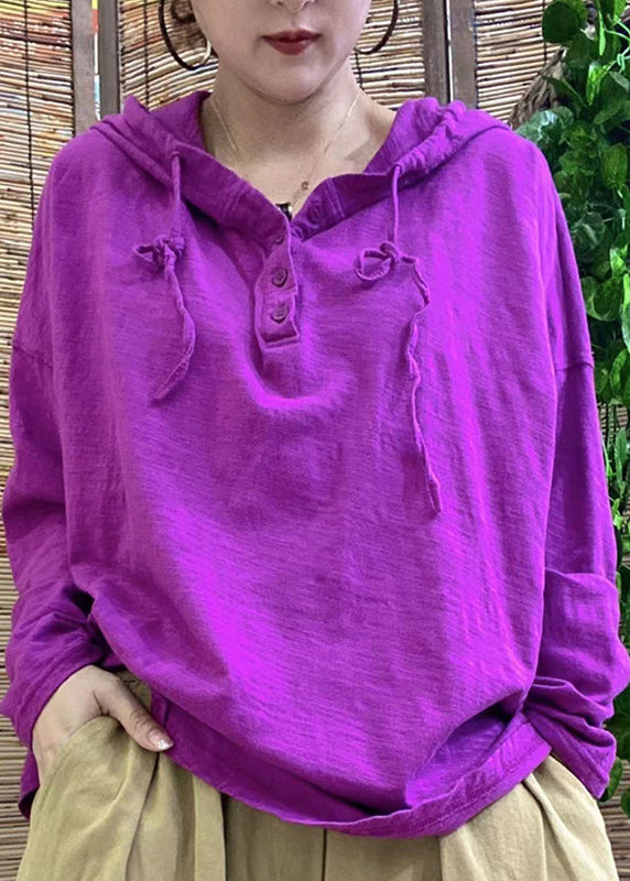 Simple White Hooded Drawstring Button Cotton Pullover Top Long Sleeve
