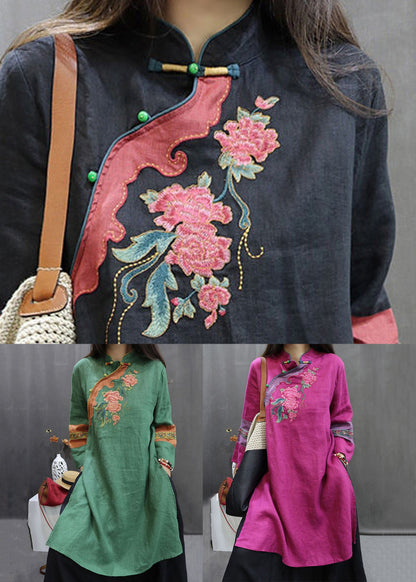 New Rose Stand Embroidered Button Collar Linen Blouses Fall