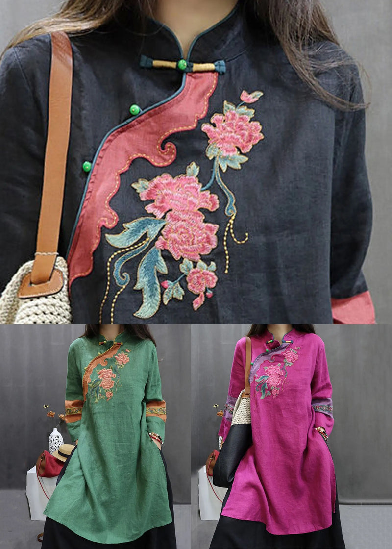 Green Chinese Button Linen Fall Shirt Embroidered