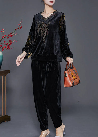 Diy Black Hollow Out Zircon Silk Velour 2 Piece Outfit Fall