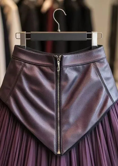 Purple Zippered Wrinkled Tulle Patchwork Skirts Spring