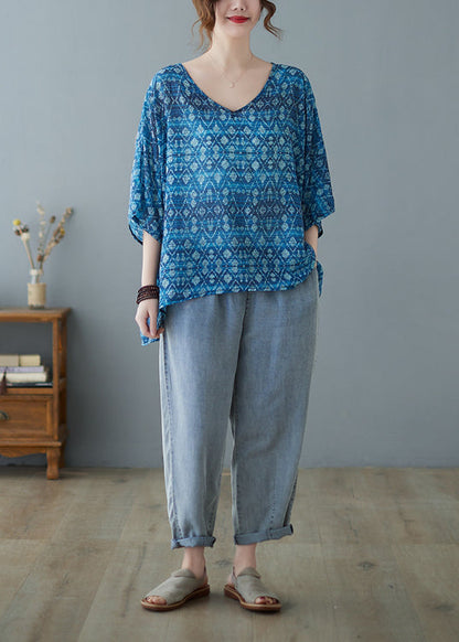 Loose Blue V Neck Low High Design Print Blouse Tops Half Sleeve