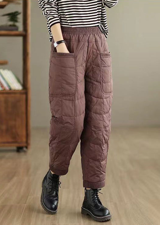 Coffee Plaid Thick Cotton Filled Pants Elastic Waist Winter