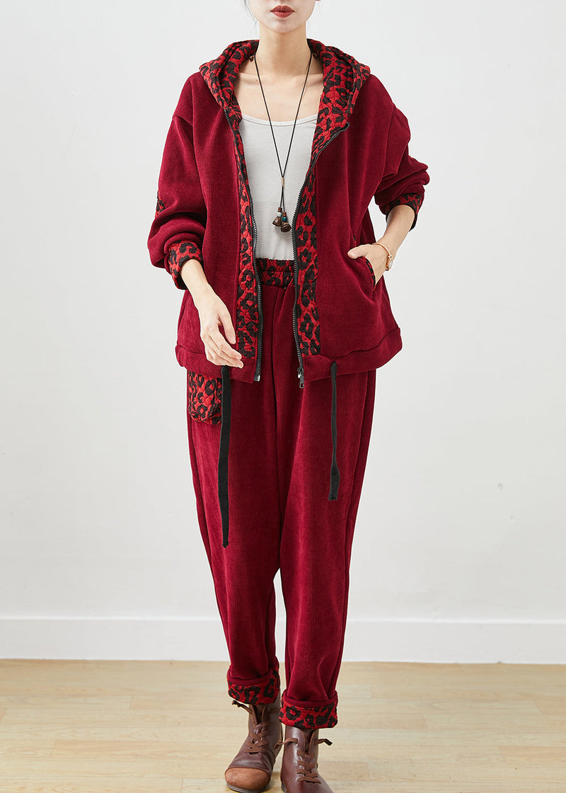 Mulberry Hooded Patchwork Leopard Warm Fleece Two Pieces Set Winter