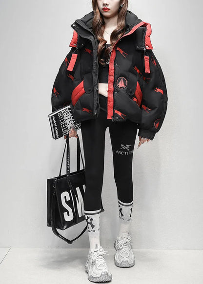 Black Zippered Letter Print Duck Down Puffer Coat