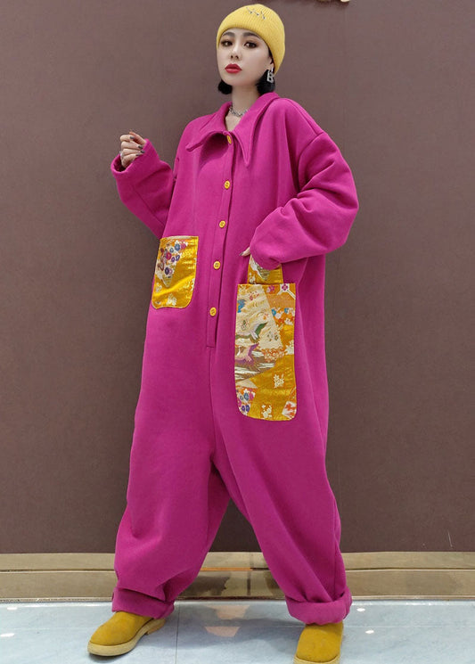 Natural Red Peter Pan Collar Pockets Patchwork Warm Fleece Jumpsuit Spring