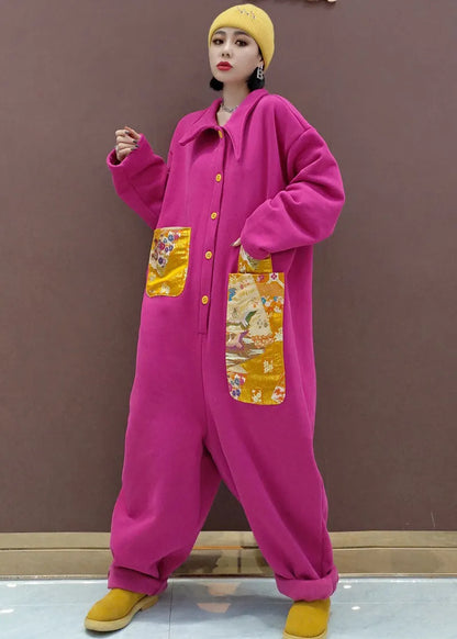 Natural Red Peter Pan Collar Pockets Patchwork Warm Fleece Jumpsuit Spring