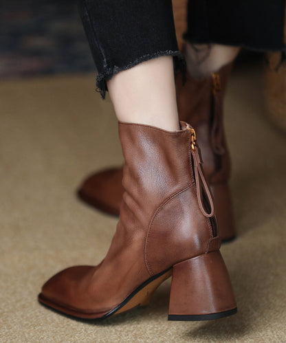 Brown Boots Chunky Cowhide Leather Splicing Zippered