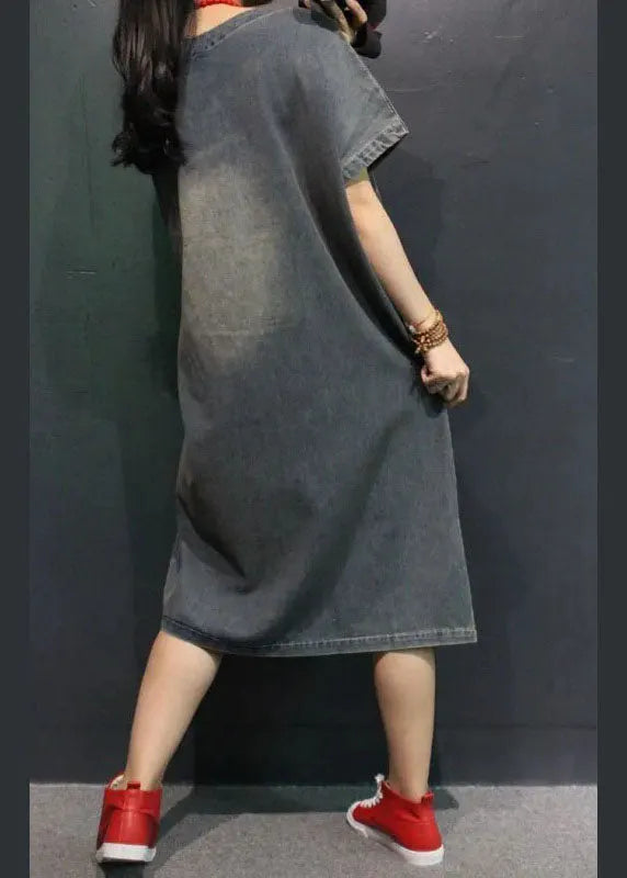 French Blue V Neck Pockets Hole Fall Half Sleeve Denim Vacation Dresses