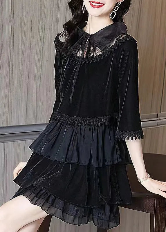 Black Ruffled Tasseled Patchwork Velour Mid Dress Fall