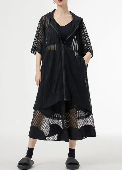 Black Zippered Pockets Patchwork Tulle Upf 50+ Coat Hooded Summer