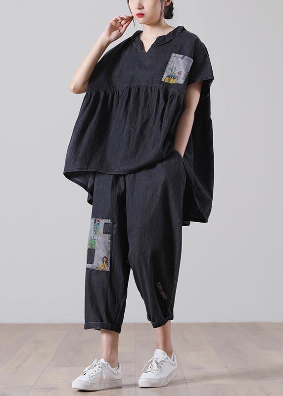 Black Patchwork Pockets Cotton Two Pieces Set Summer