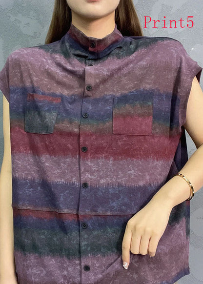 New Standing Collar Print Tie Dyed Short Sleeved Tops