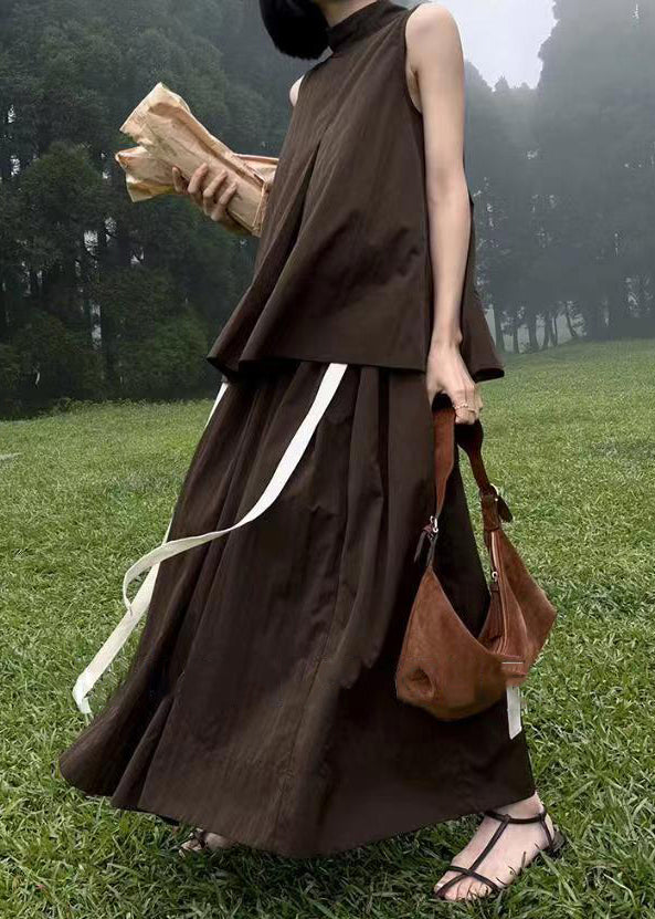 French Coffee Pockets Cotton Two Pieces Set Sleeveless