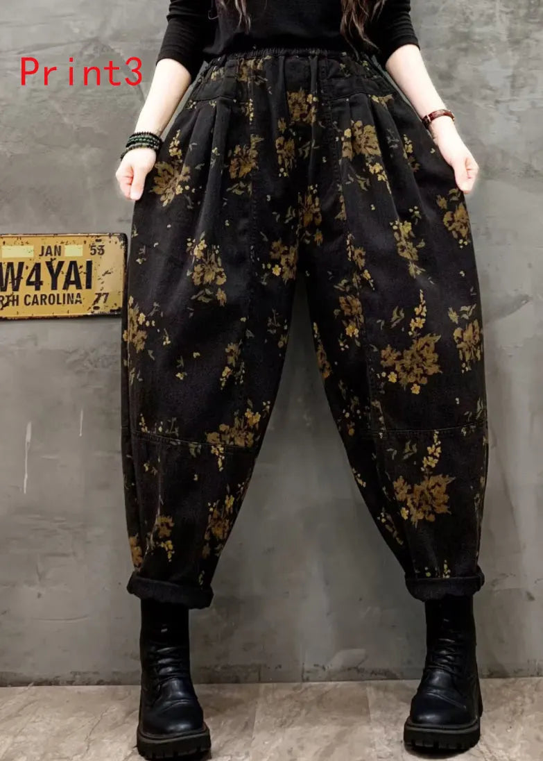 Print Elastic Waist Denim Harlan Pants Autumn