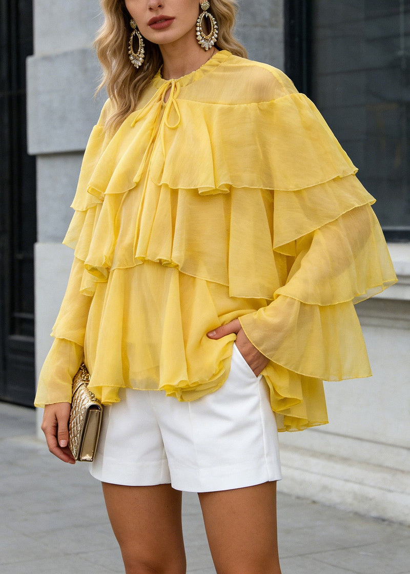 Yellow O Neck Ruffled Patchwork Chiffon Tops Spring