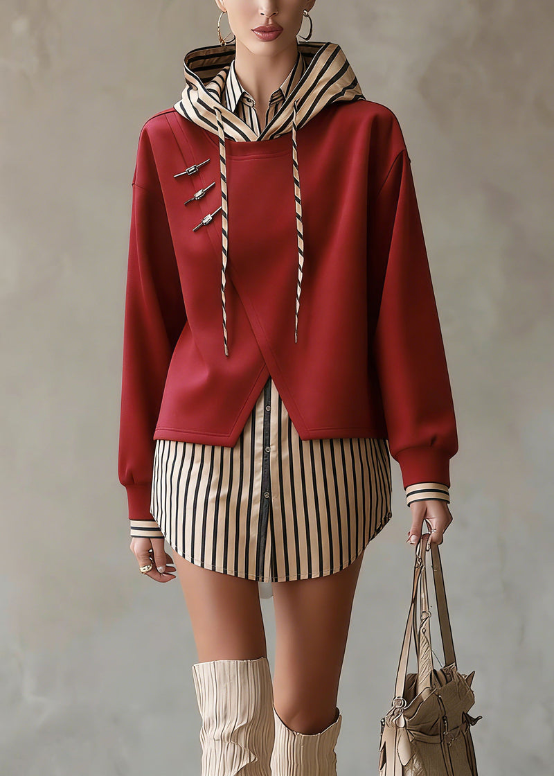 Unique Red Hooded Patchwork False Two Pieces Cotton Top Fall