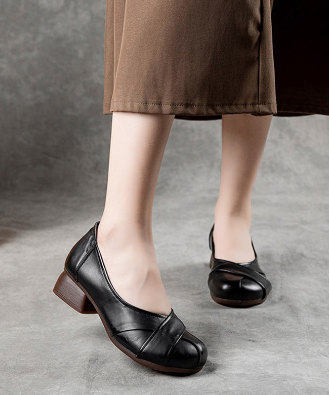 Cross Strap Chunky Flat Shoes for Black Cowhide Leather
