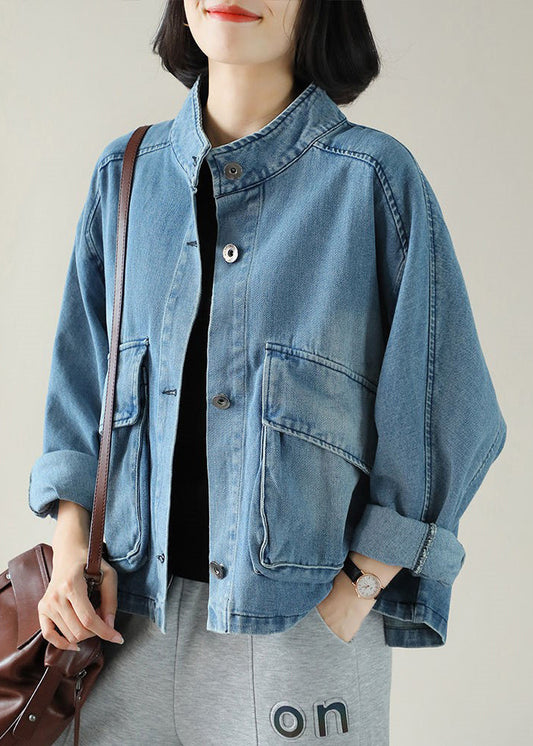 Blue Stand Collar Button Big Pockets Denim Coat Long Sleeve