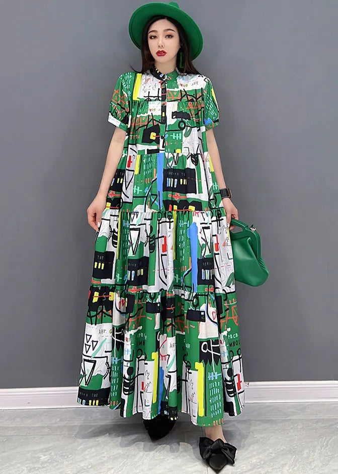 Green Stand Collar Patchwork Exra Large Hem Print Chiffon Maxi Dress Short Sleeve