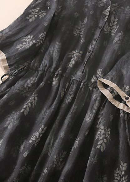 Black Grey Peter Pan Collar Drawstring Print Linen Holiday Dress Half Sleeve