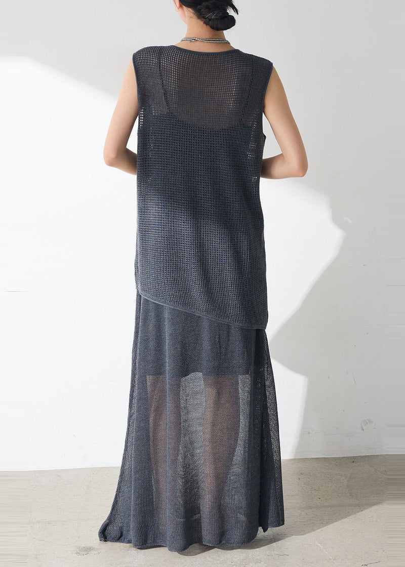 Navy Hollow Out Sheer Tulle Sets 2 Pieces Sleeveless