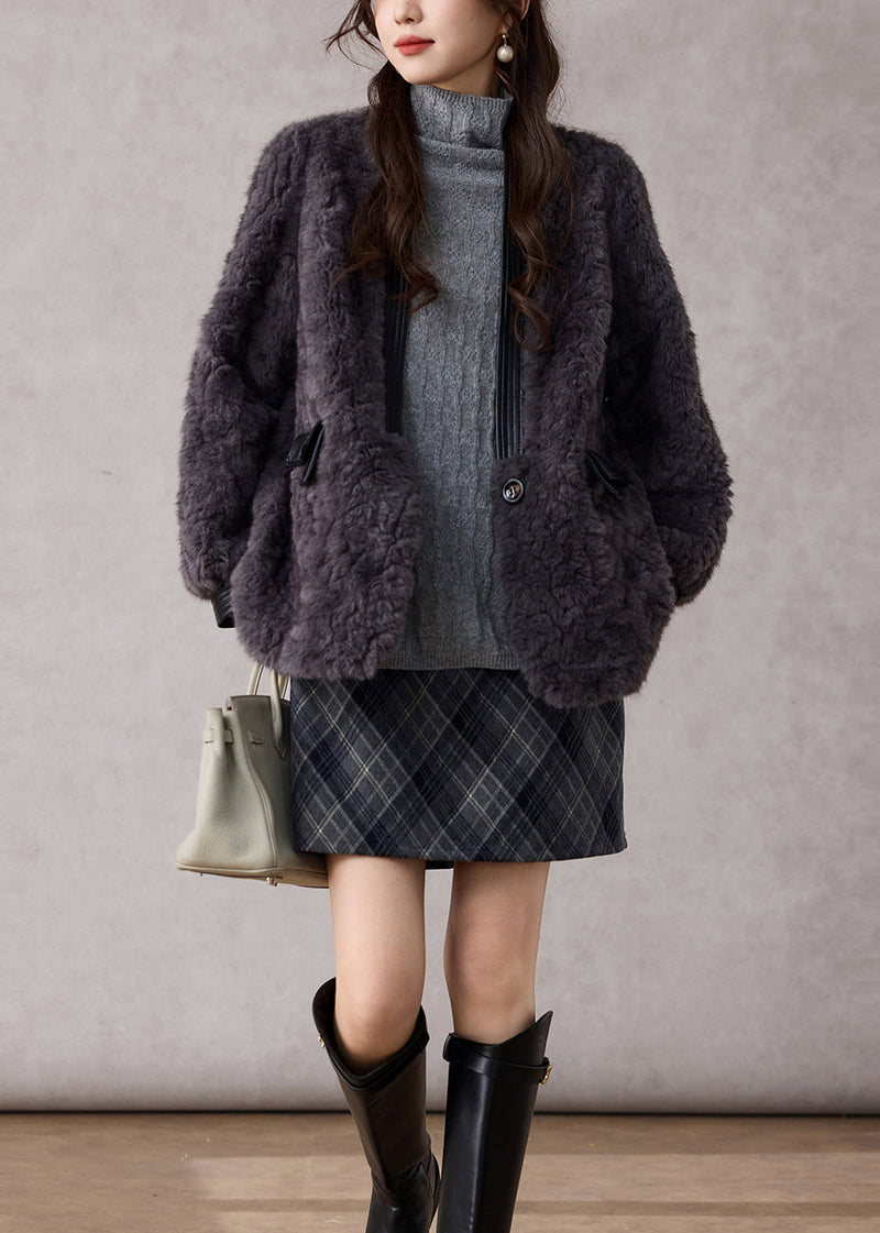 Dark Grey V Neck Patchwork Faux Fur Coats Winter
