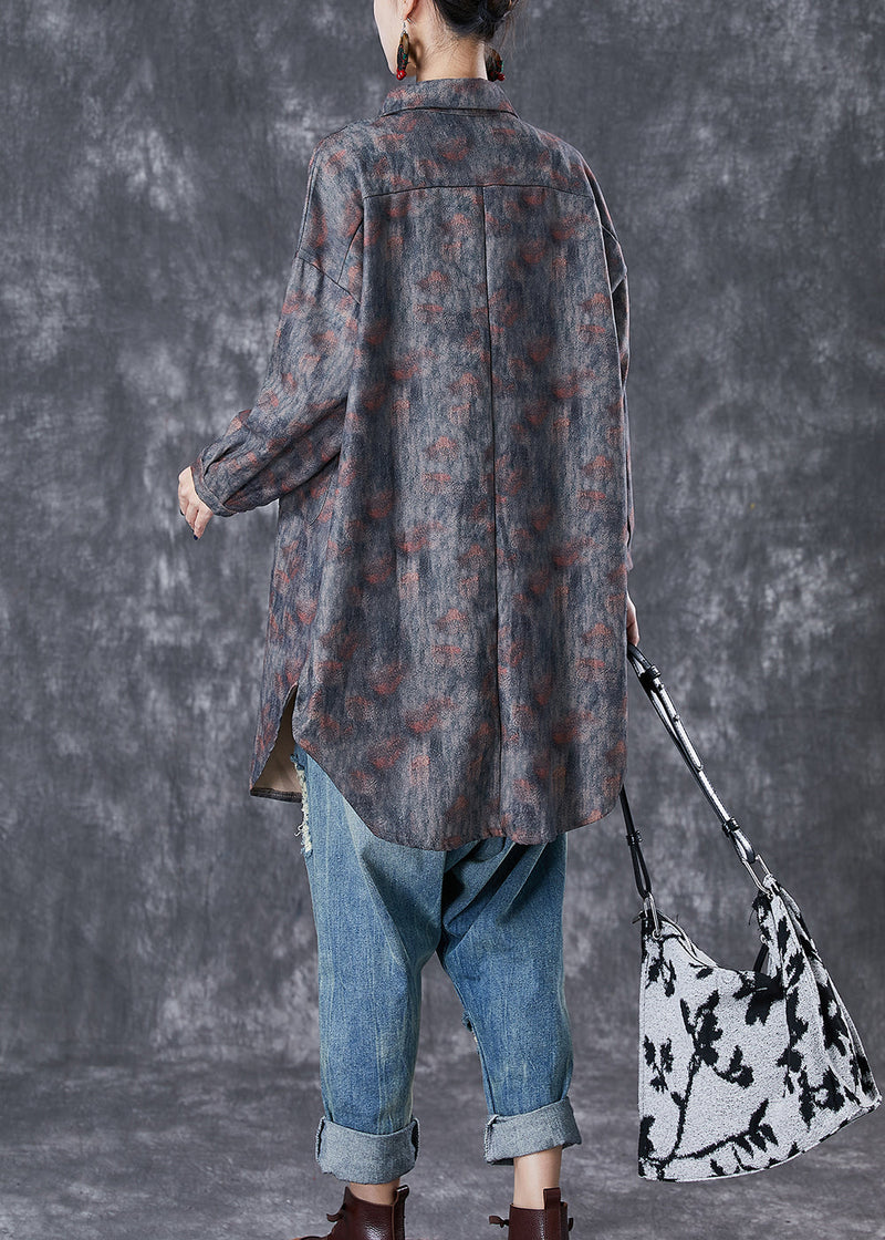 Grey Oversized Tie Dye Pockets Cotton Jackets Fall