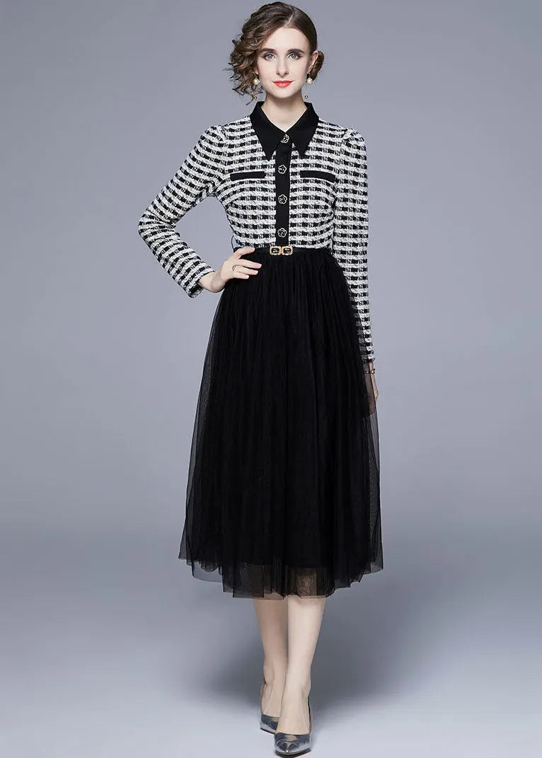 Black Peter Pan Collar Patchwork Tulle Cinch Dress Spring