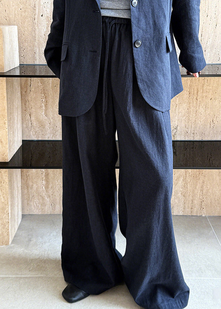 Navy Linen Two-piece Set Oversized Notched Spring