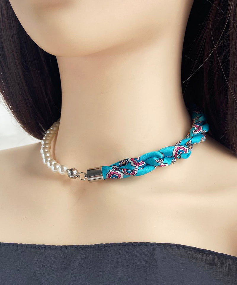 Blue Silk Patchwork Pearl Choker